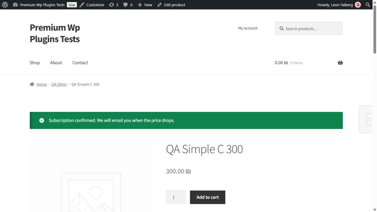 Successful price-alert confirmation in the test store