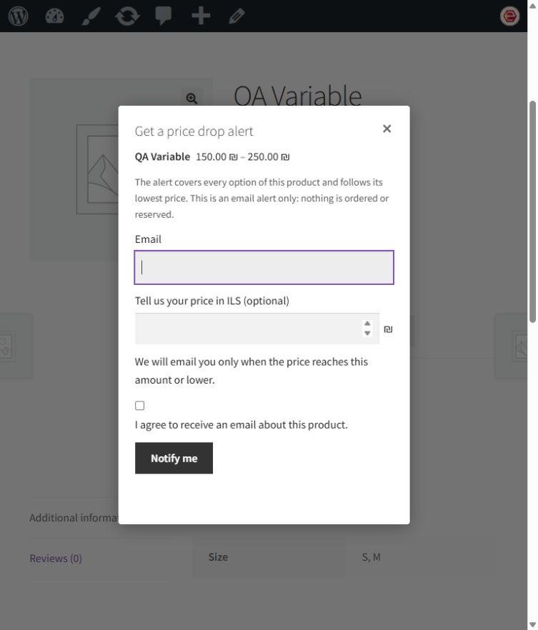 Price-alert subscription form on a test product page