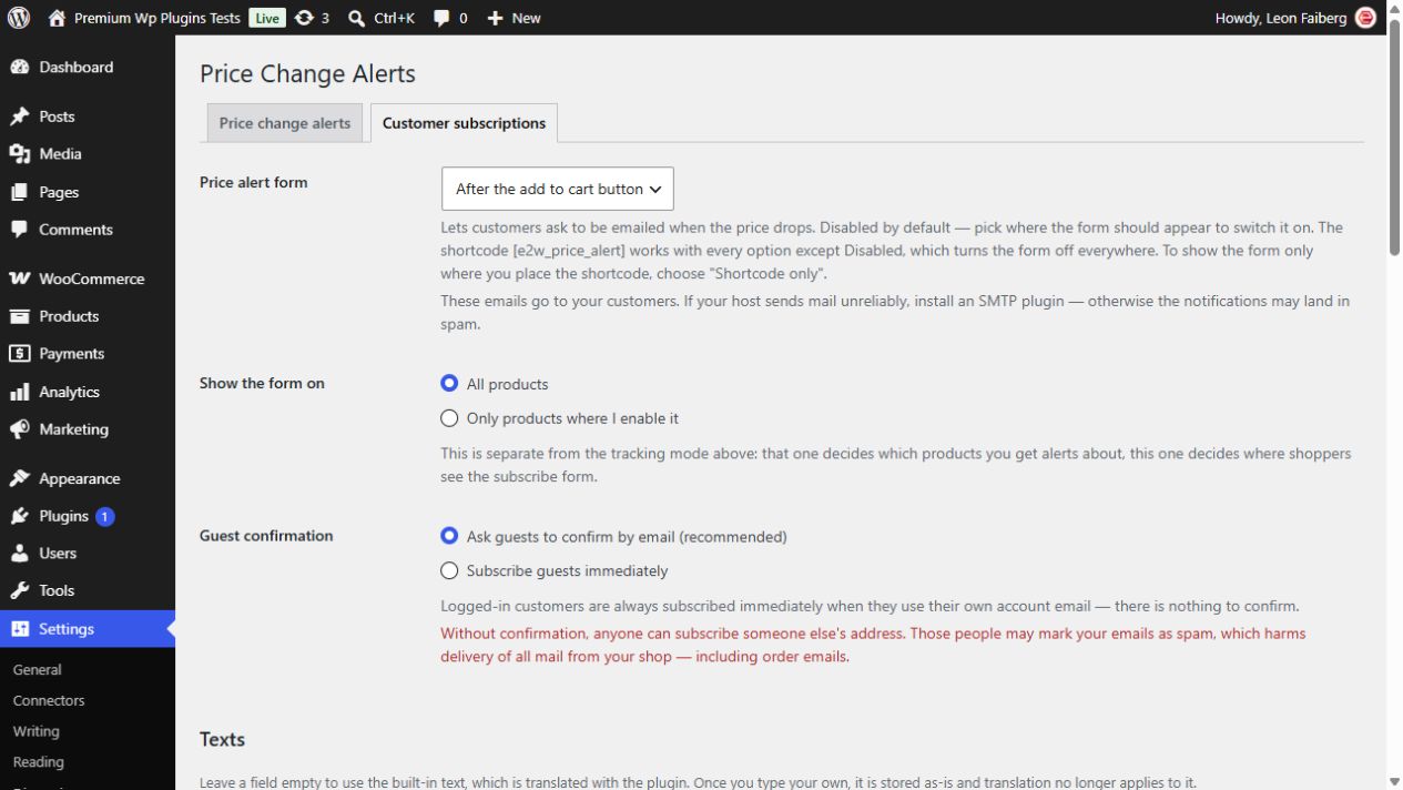 Price Change Alerts settings in WordPress